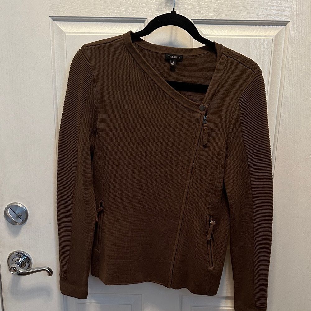Talbots Chocolate Brown Knit Cotton Blend Sweater Asymmetrical Zip Size S